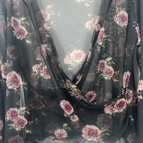Bongo sheer romantic roses faux wrap blouse Gothic wide bell sleeve large - Picture 14 of 16